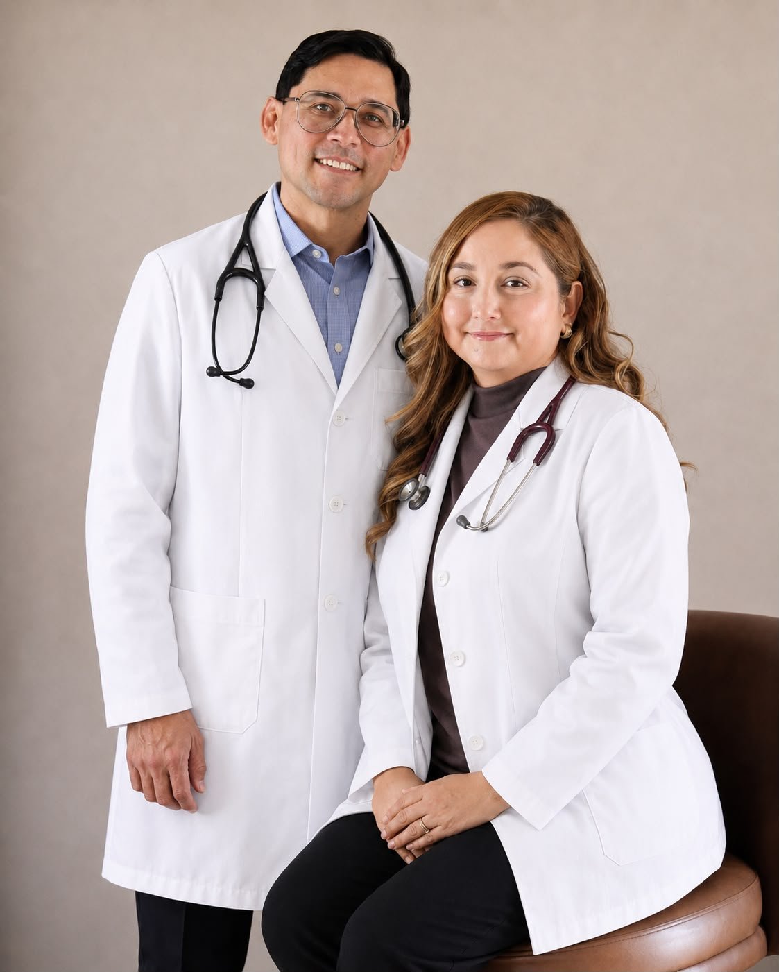 Two smiling healthcare professionals in white lab coats with stethoscopes against a neutral background